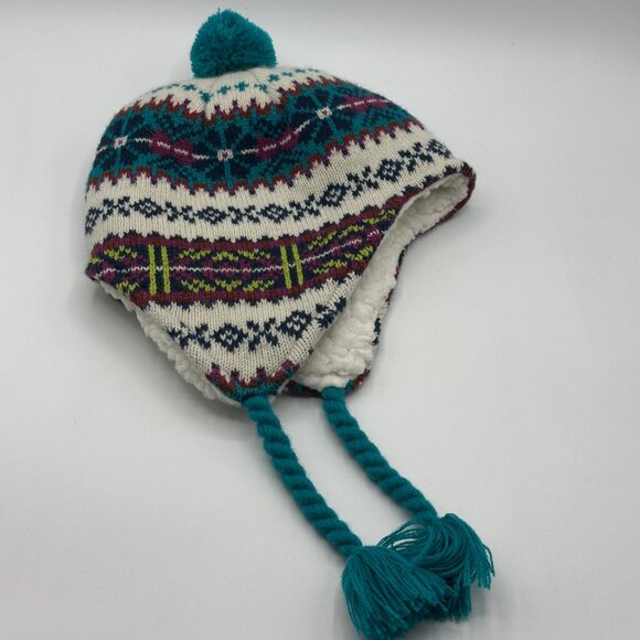 Lands' End Kids' Fleece Lined Winter Ear Flap Fair Isle Hat with Pom Pom - Picture 4 of 8